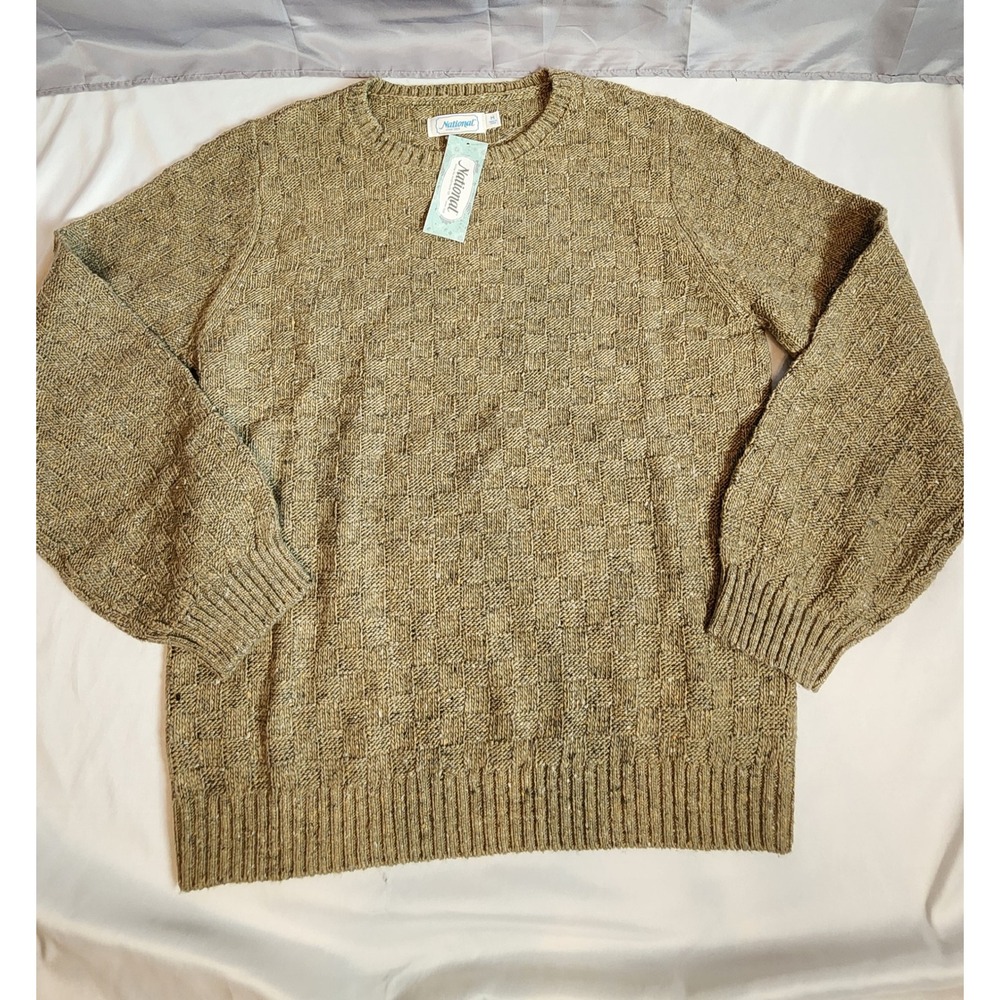 National Womens Crew Neck Basketweave Knit Sweater Olive Tan Marl Medium